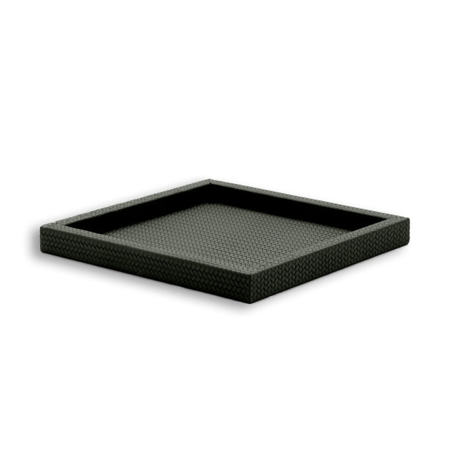 Dark grey-olive 36 × 36 cm tray, no handles interrupting the line of its 3.5 cm wall