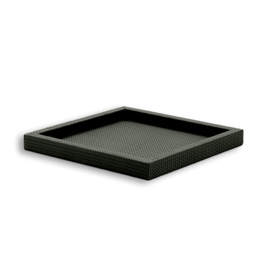 Dark grey-olive 36 × 36 cm tray, no handles interrupting the line of its 3.5 cm wall