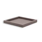 Taupe grey-brown leather tray, its mitred corner seam running down the outer wall