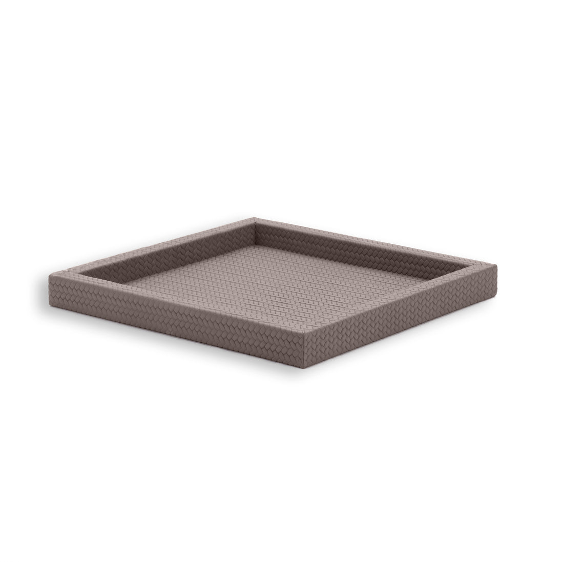 Taupe grey-brown leather tray, its mitred corner seam running down the outer wall