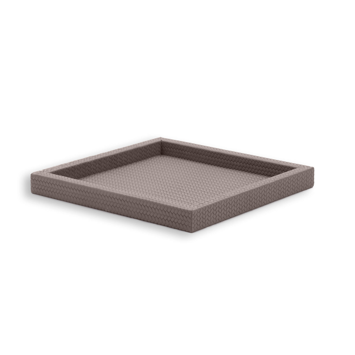 Taupe grey-brown leather tray, its mitred corner seam running down the outer wall
