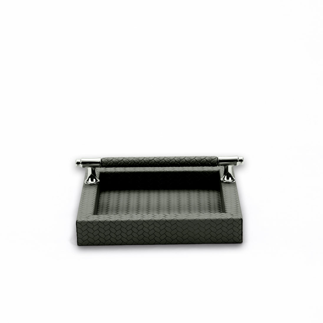 Grey napkin holder head-on, the leather-wrapped bar spanning two chromed posts above the open well