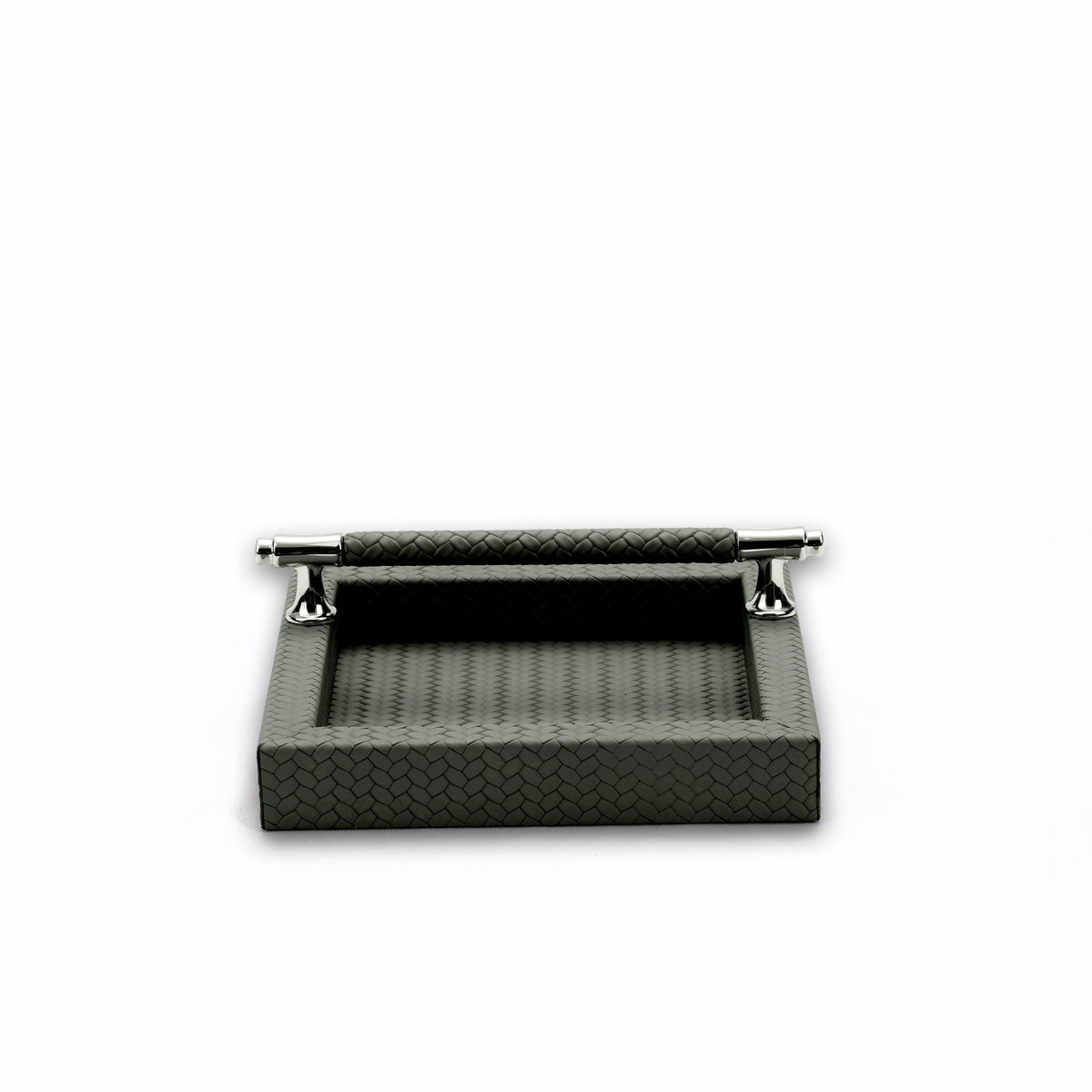 Grey napkin holder head-on, the leather-wrapped bar spanning two chromed posts above the open well