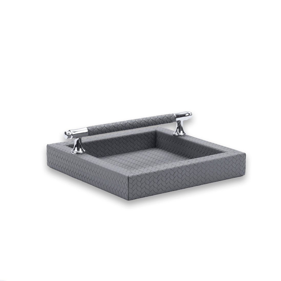Grey holder, the bar sheathed in the same woven-embossed leather as the base