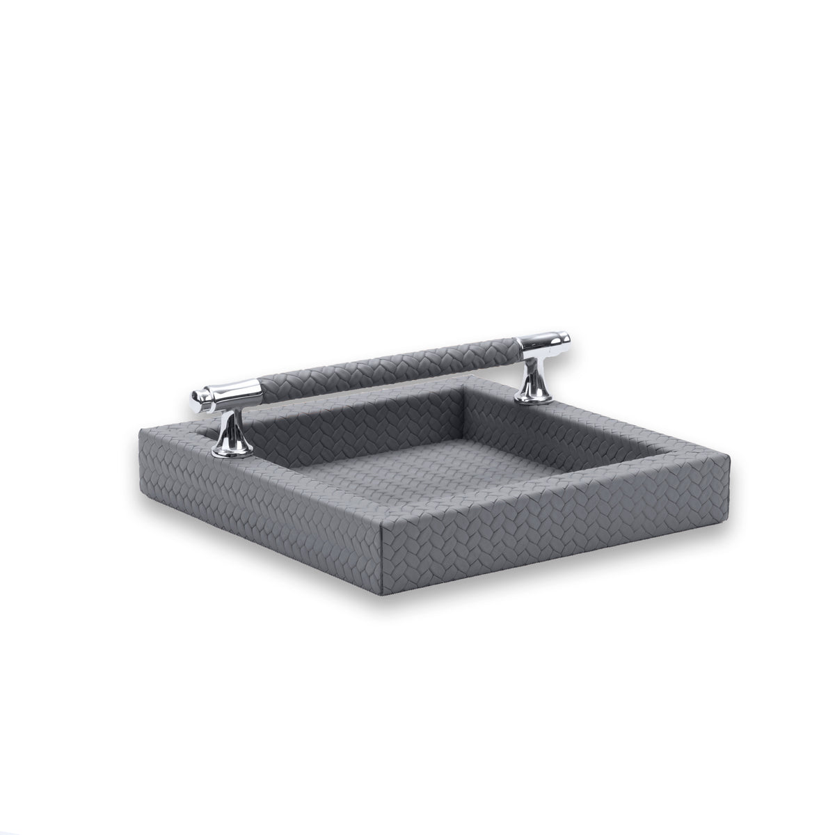 Grey holder, the bar sheathed in the same woven-embossed leather as the base