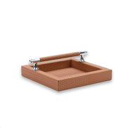Terracotta tan holder, the leather-wrapped bar dark against the lighter 21 cm floor