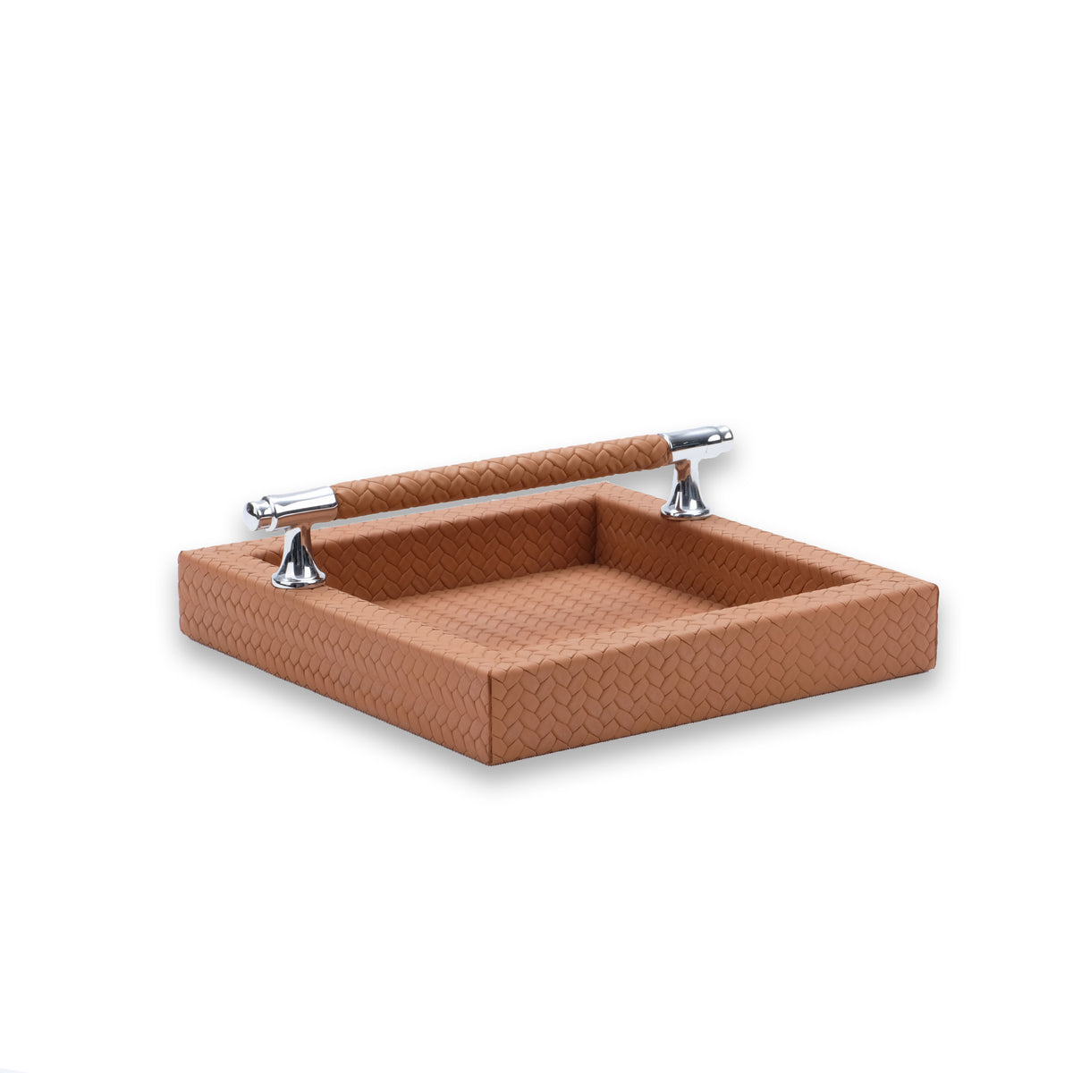 Terracotta tan holder, the leather-wrapped bar dark against the lighter 21 cm floor
