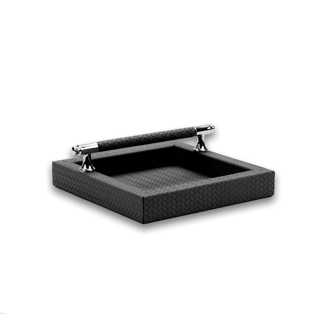 Black holder, the weighted bar resting across the open woven leather base