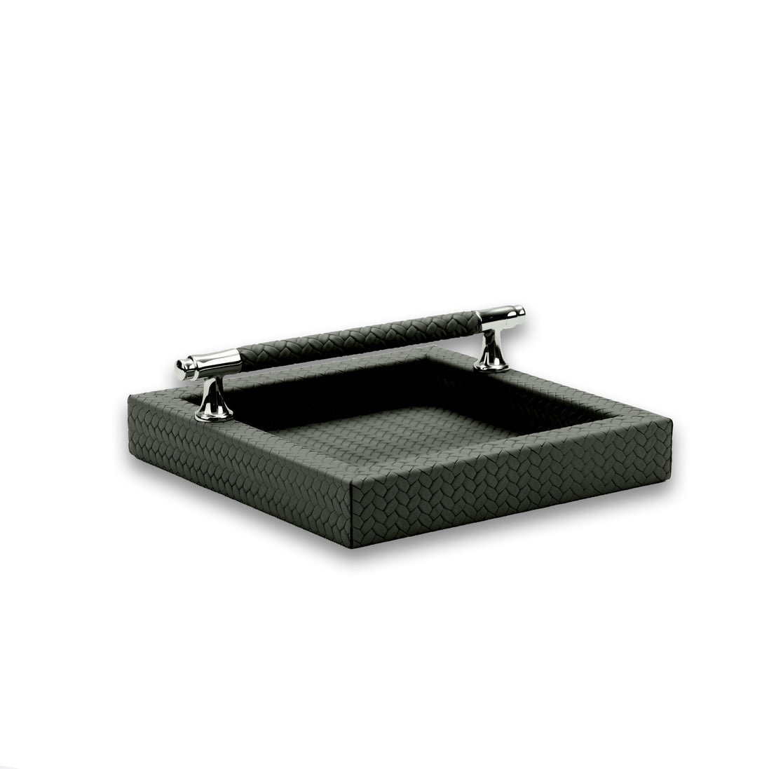 Dark grey-olive napkin holder, a leather-wrapped bar spanning two chromed posts above the 21 cm well