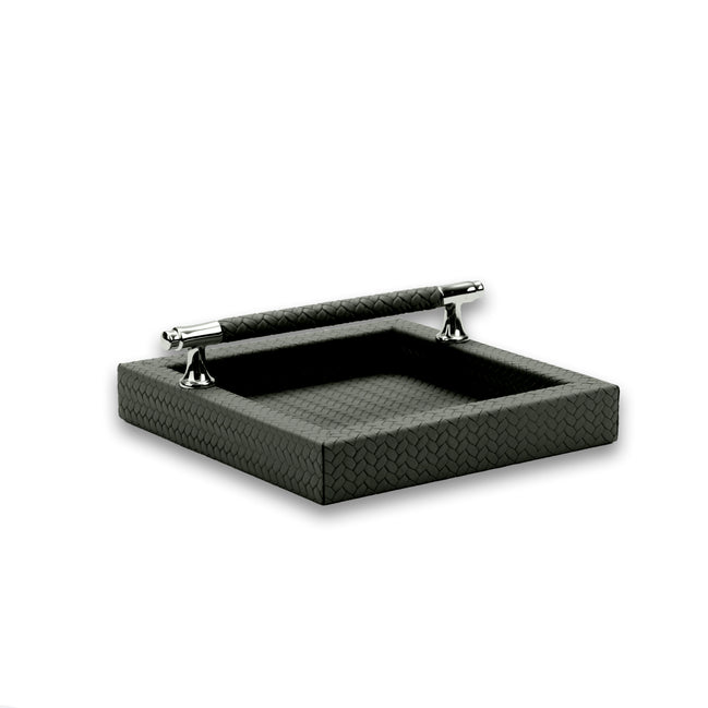 Dark grey-olive napkin holder, a leather-wrapped bar spanning two chromed posts above the 21 cm well