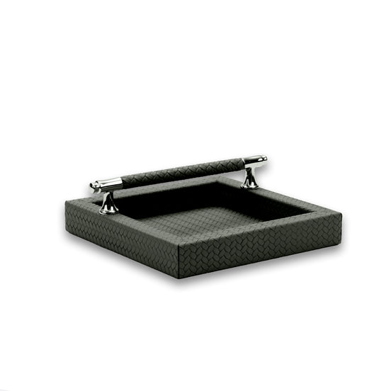 Dark grey-olive napkin holder, a leather-wrapped bar spanning two chromed posts above the 21 cm well