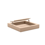 Pale sand holder, the post feet splayed flat against the woven leather base