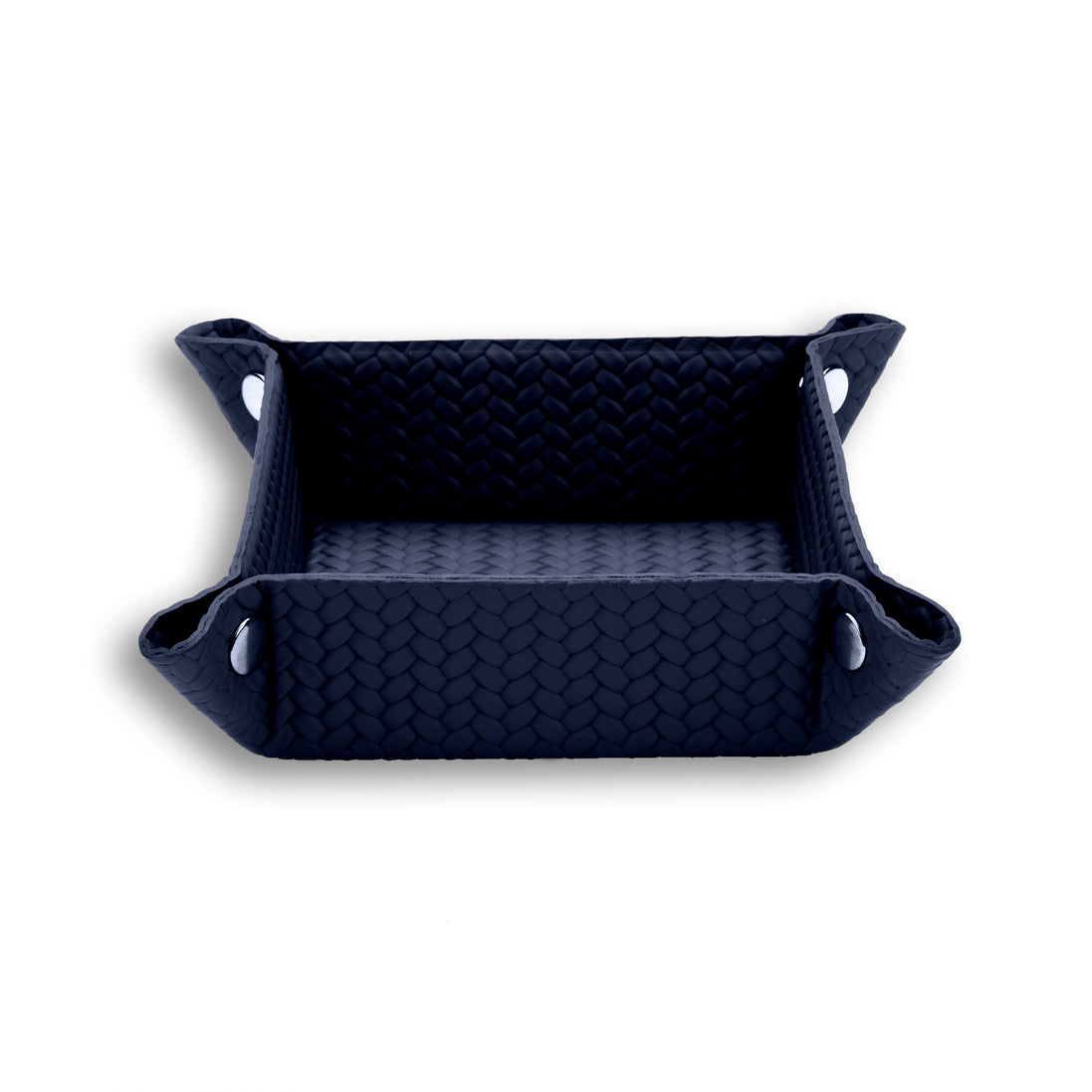 Navy tray, the contrast piping running the full top edge of the woven-embossed leather