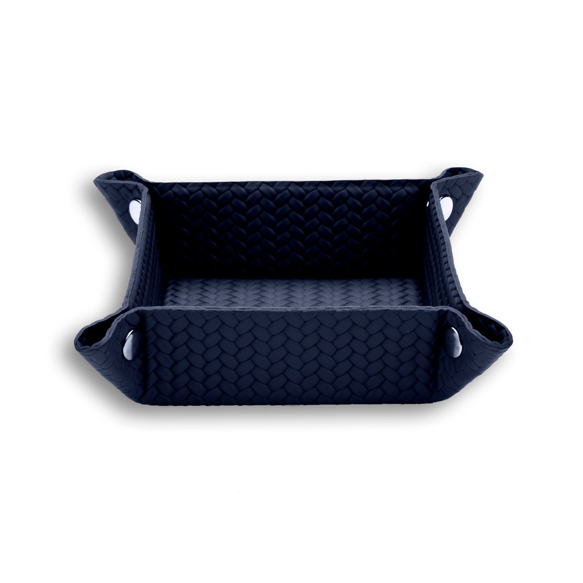 Navy tray, the contrast piping running the full top edge of the woven-embossed leather