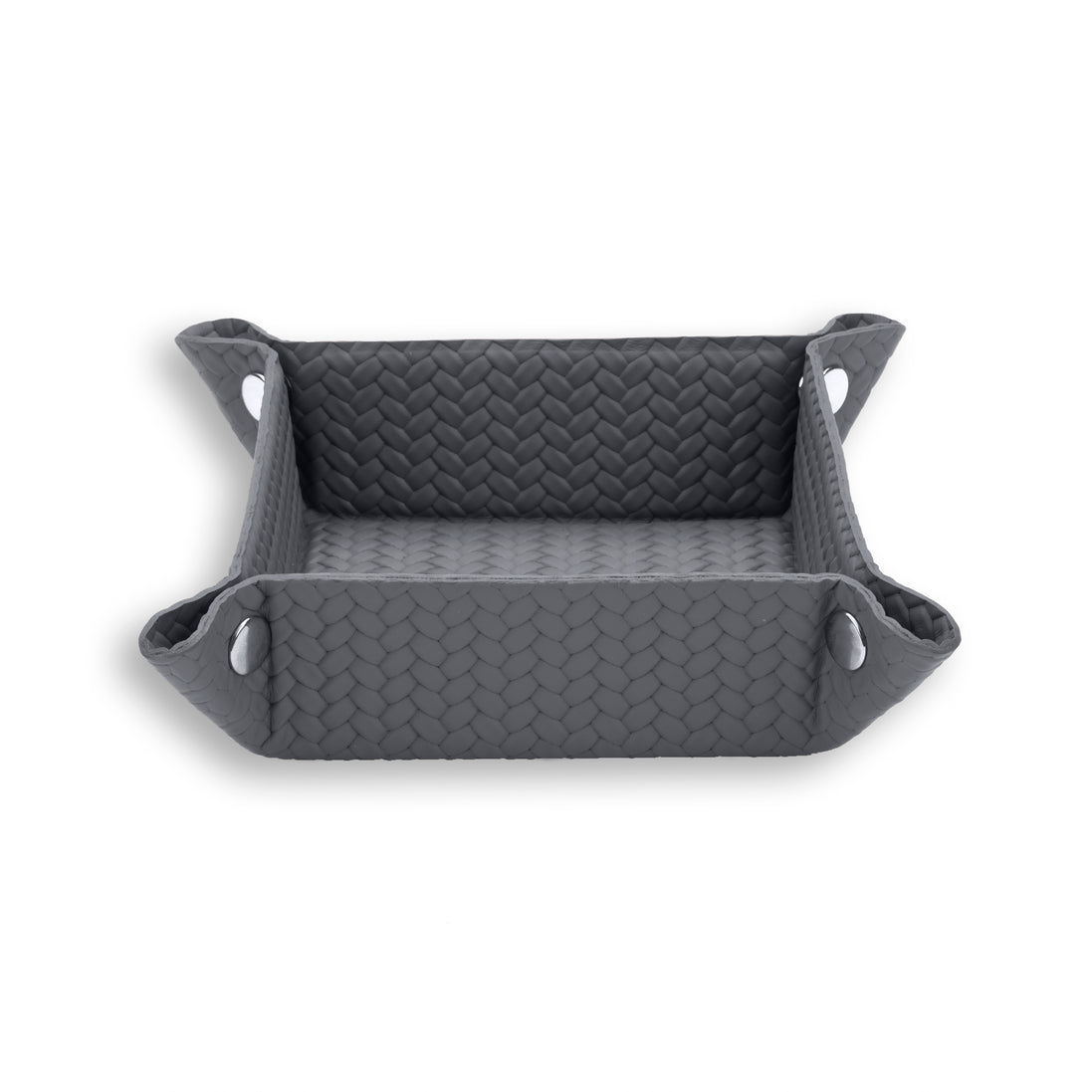 Grey piped tray, the coarse embossed plait on the walls set against a finer weave on the floor