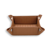Caramel tan leather tray, the pale piping standing out along each raised corner