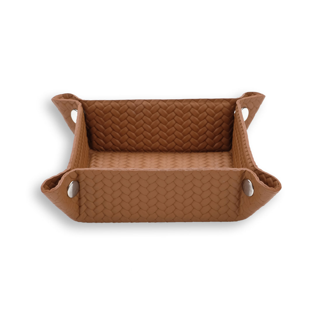 Caramel tan leather tray, the pale piping standing out along each raised corner