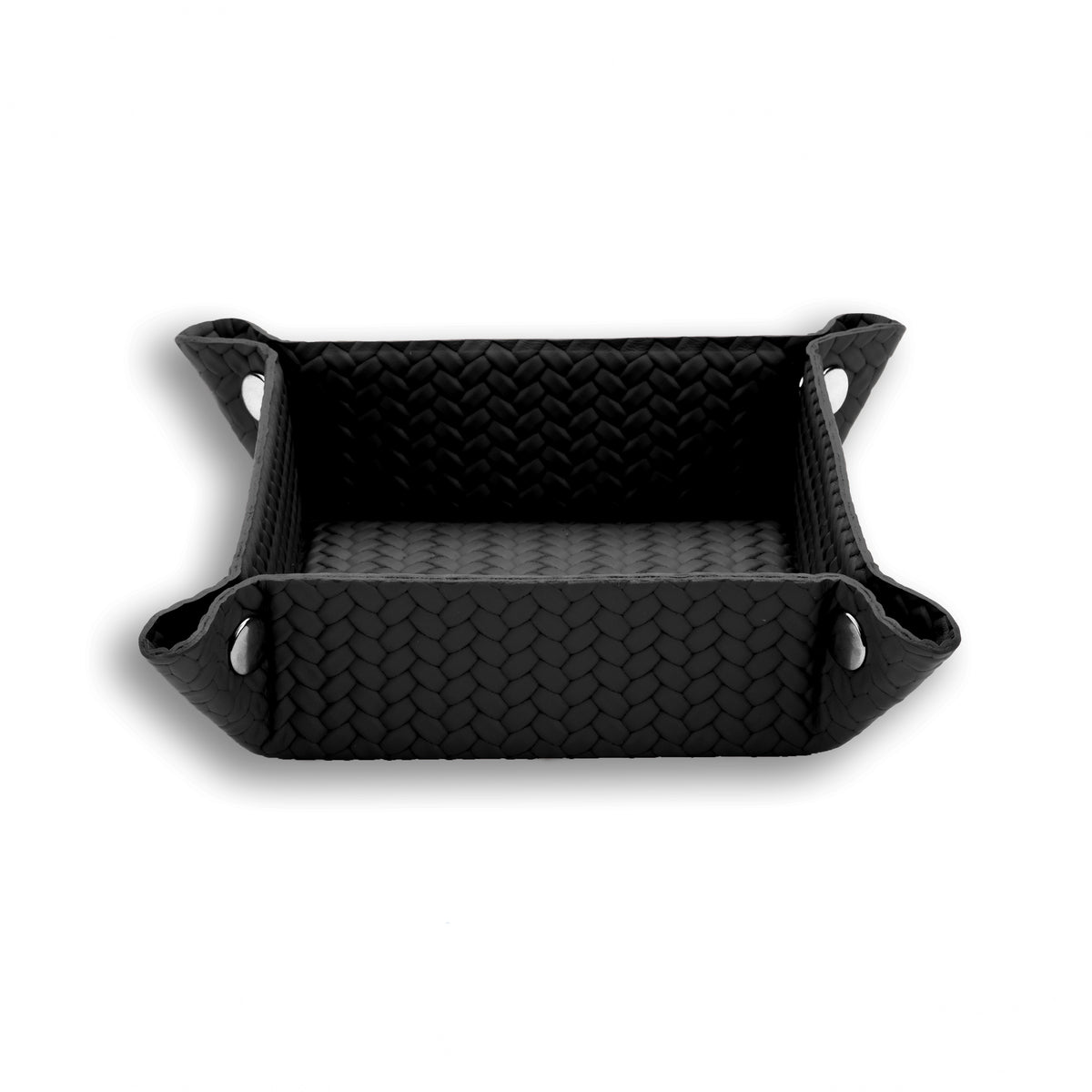 Black piped tray, all four corners drawn up into a 6.5 cm well