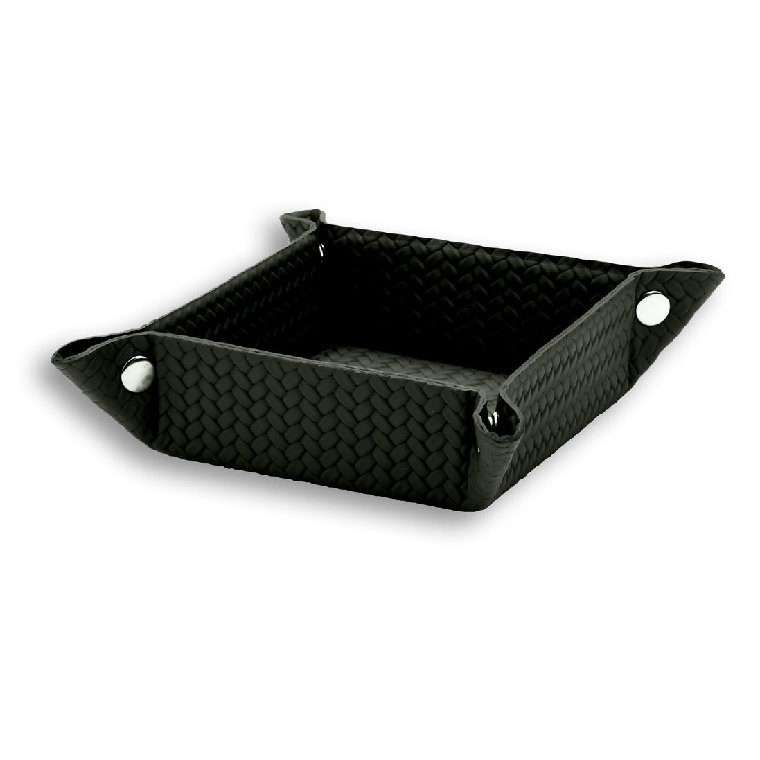 The 20 x 20 cm valet tray whole, all four leather corners drawn up and snapped to make a 6.5 cm well