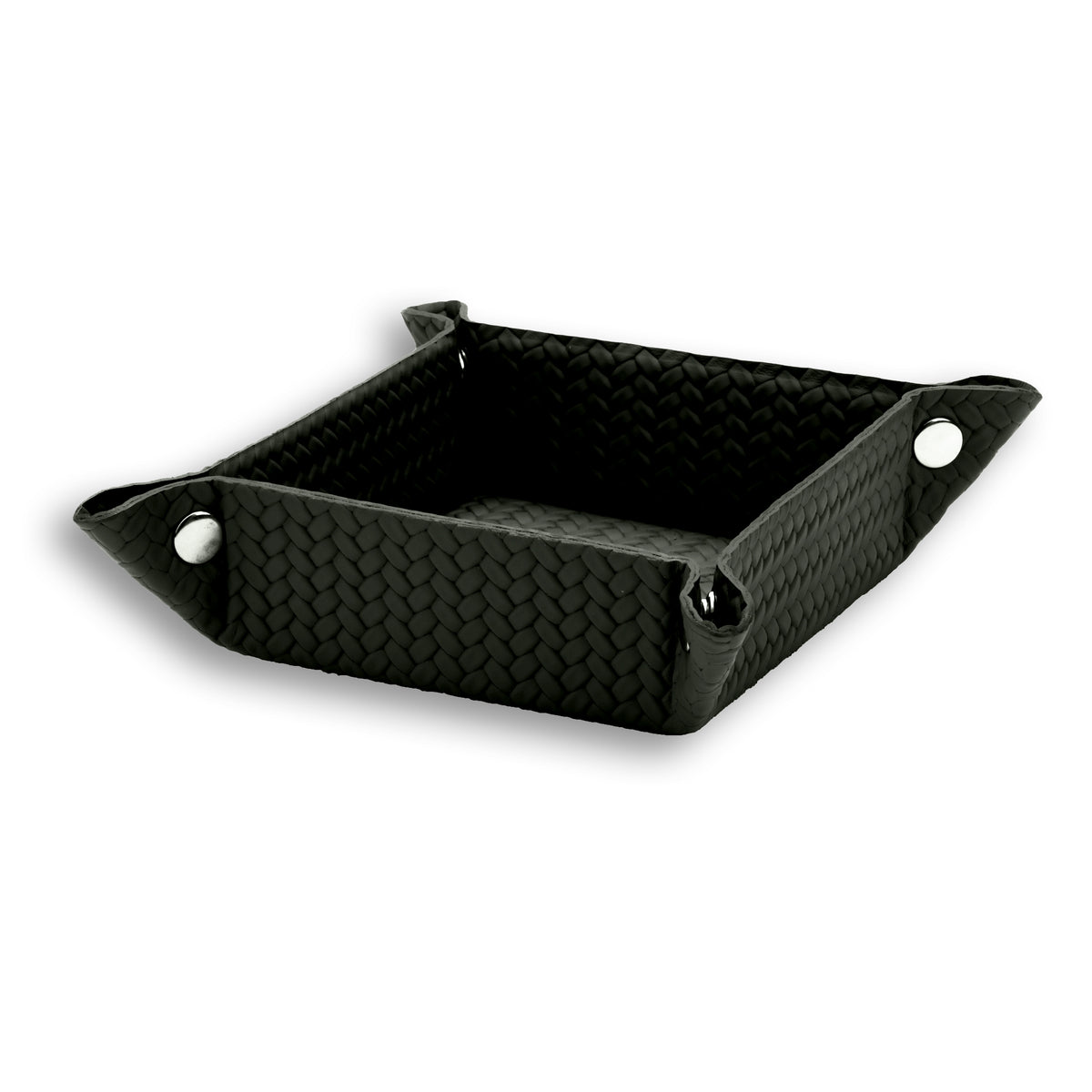The 20 x 20 cm valet tray whole, all four leather corners drawn up and snapped to make a 6.5 cm well