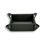 Dark grey-olive 20 × 20 cm valet tray, pale piping tracing the corner cut-outs