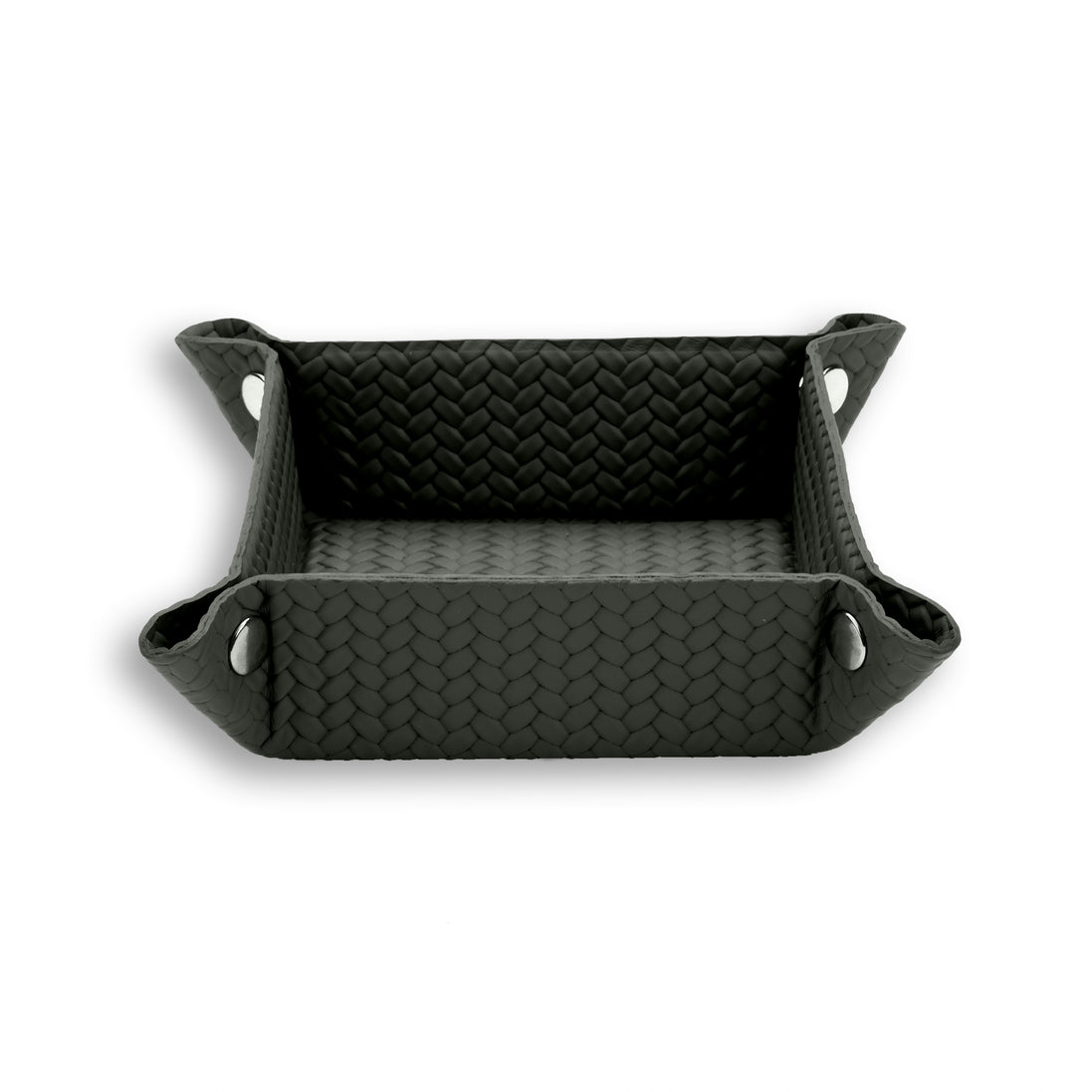 Dark grey-olive 20 × 20 cm valet tray, pale piping tracing the corner cut-outs