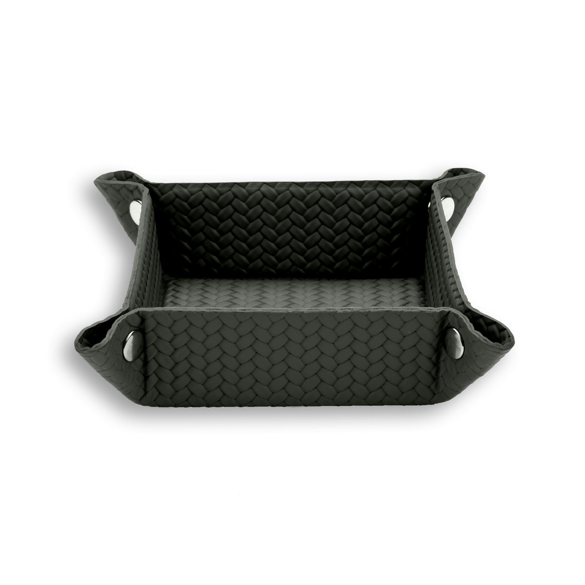Dark grey-olive 20 × 20 cm valet tray, pale piping tracing the corner cut-outs
