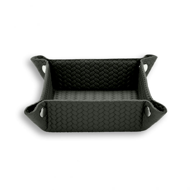 Dark grey-olive 20 × 20 cm valet tray, pale piping tracing the corner cut-outs