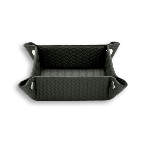 Dark grey-olive 20 × 20 cm valet tray, pale piping tracing the corner cut-outs