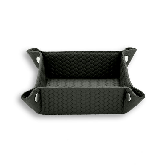 Dark grey-olive 20 × 20 cm valet tray, pale piping tracing the corner cut-outs