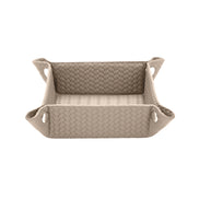 Pale sand tray, piping and leather close in tone around the 20 cm square
