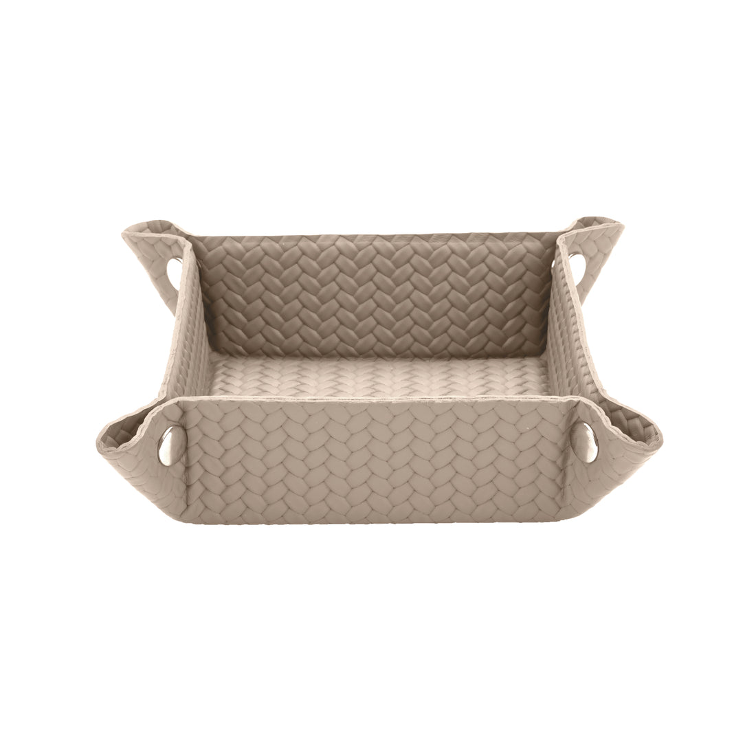 Pale sand tray, piping and leather close in tone around the 20 cm square