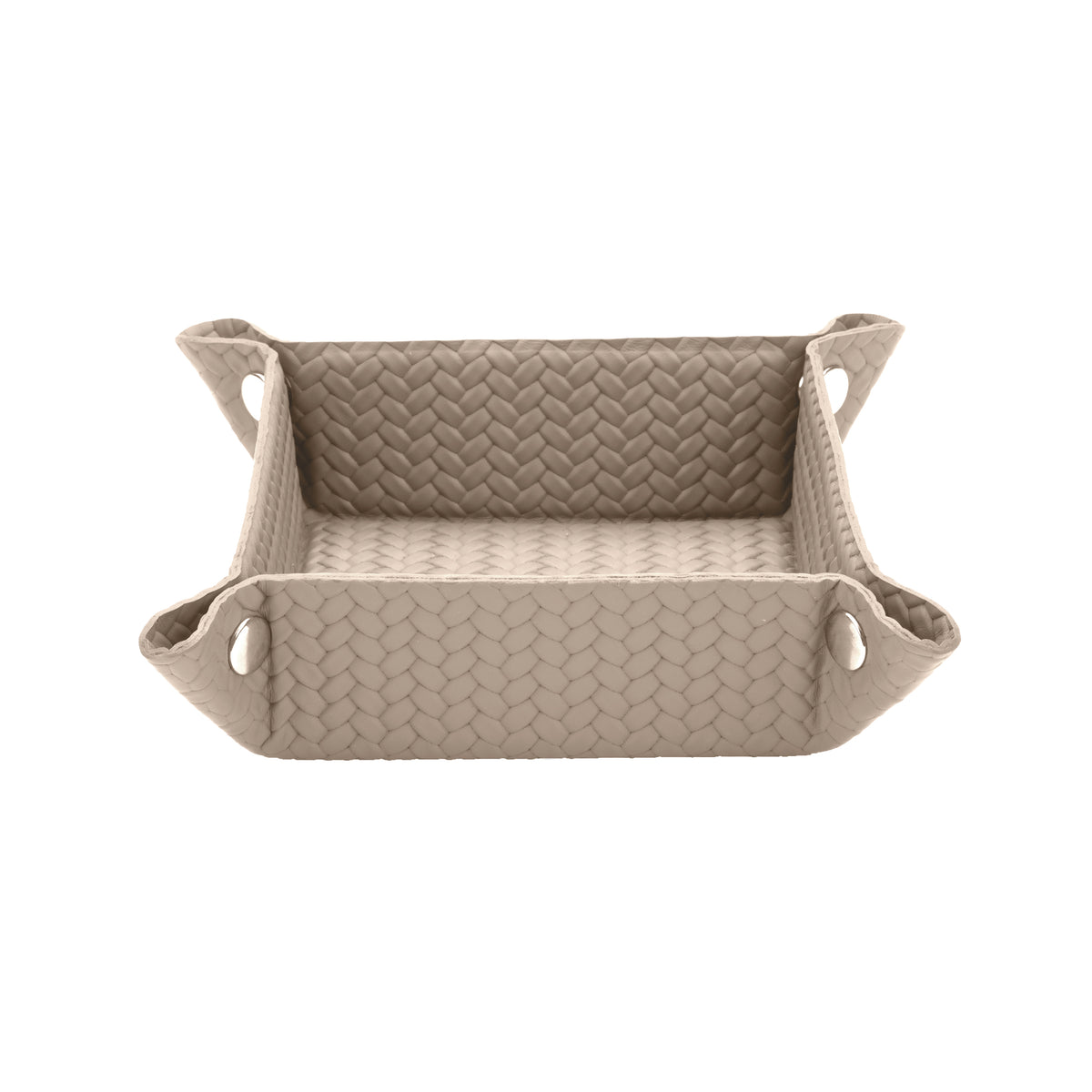 Pale sand tray, piping and leather close in tone around the 20 cm square
