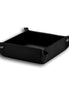 Black 18.5 × 18.5 cm valet tray from above, press studs pulling the woven-embossed corners together