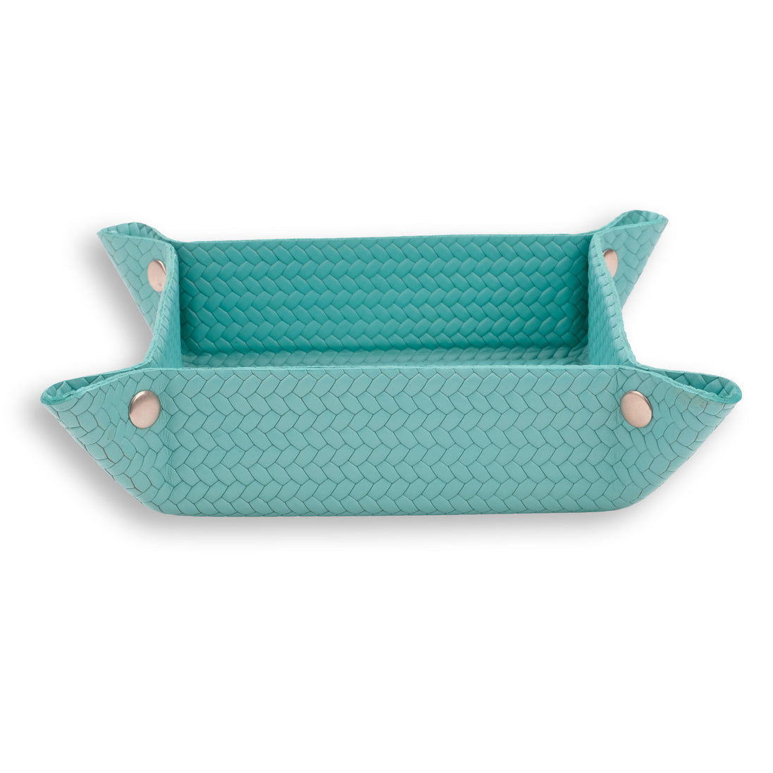Turquoise valet tray, steel studs bright against the woven leather at all four corners