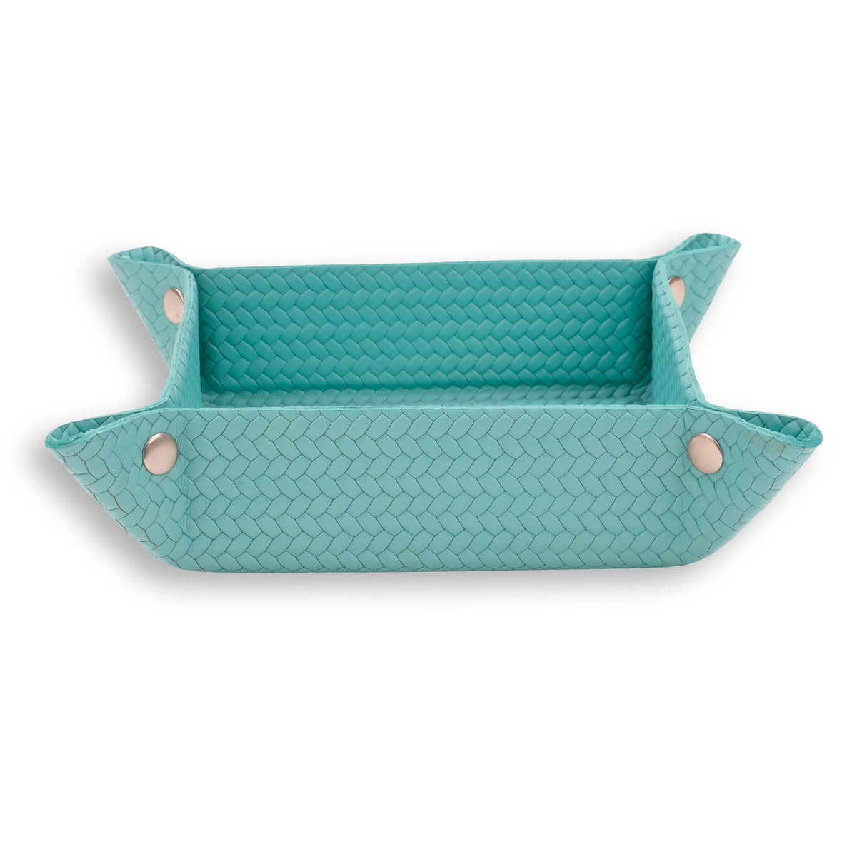 Turquoise valet tray, steel studs bright against the woven leather at all four corners