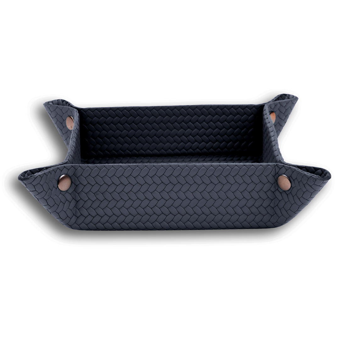 Navy valet tray, bronze-toned press studs fastening the woven-embossed leather at each corner