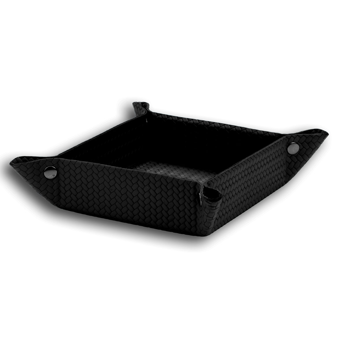 Black woven leather valet tray, 5.5 cm deep, corner studs holding the four walls upright