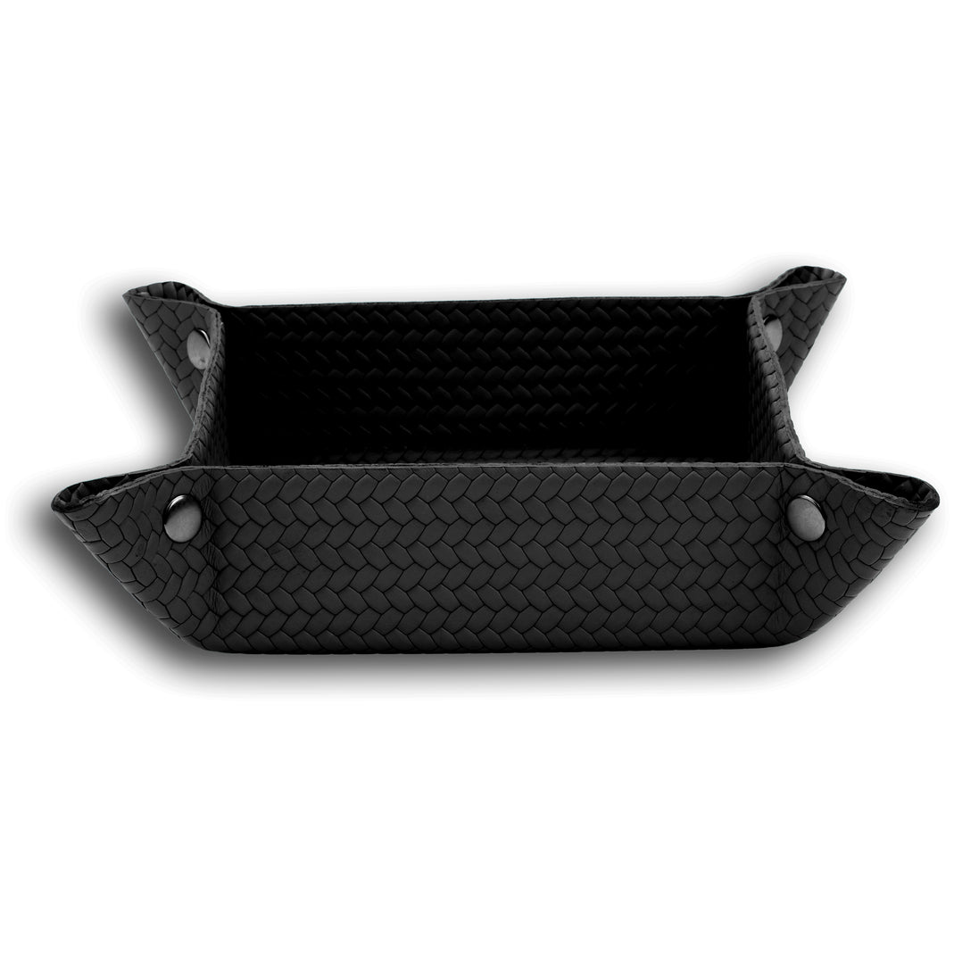 Black rectangular valet tray, its 5.5 cm walls held upright by studded corners