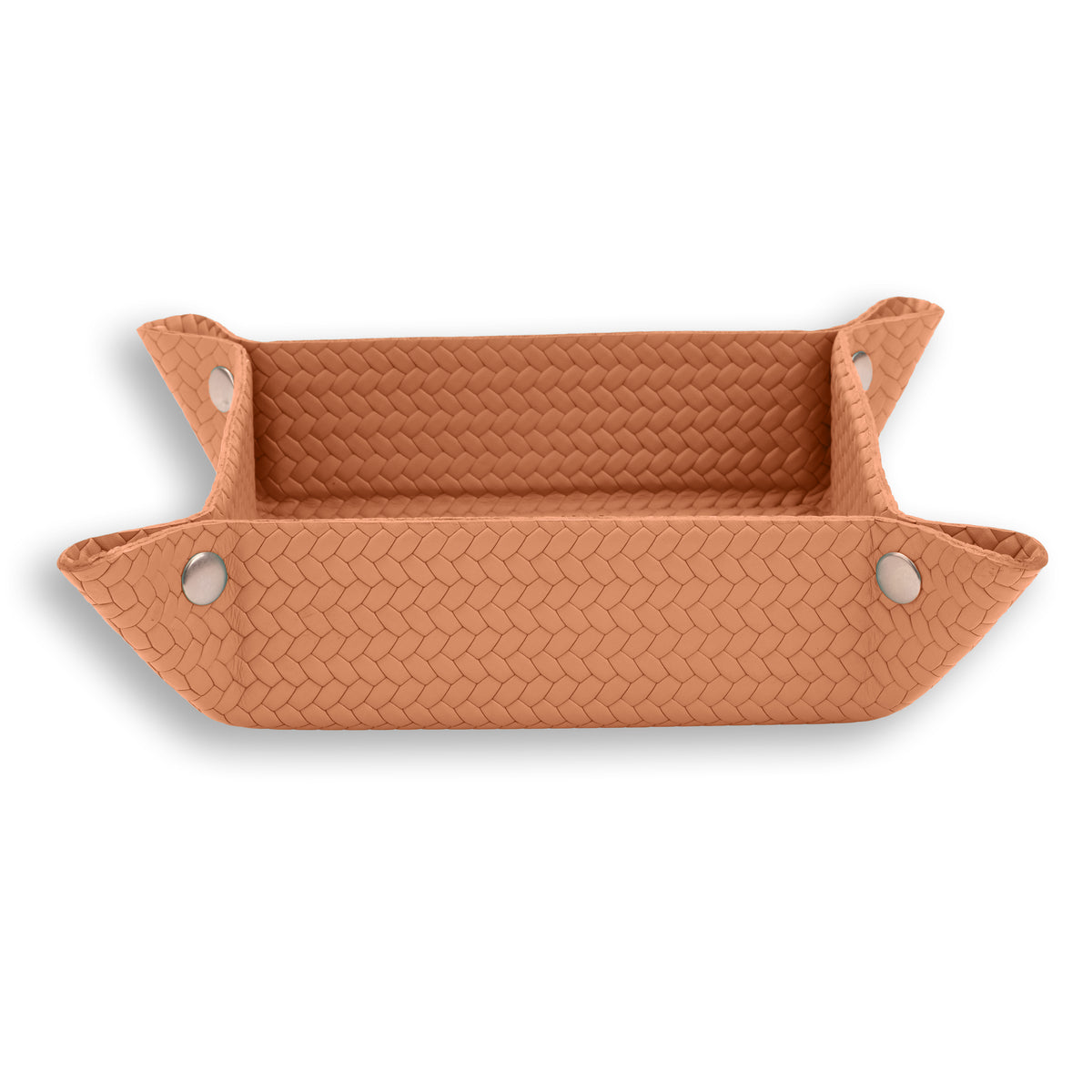 Terracotta tan tray, the 32 cm floor visible between two upright woven-embossed walls
