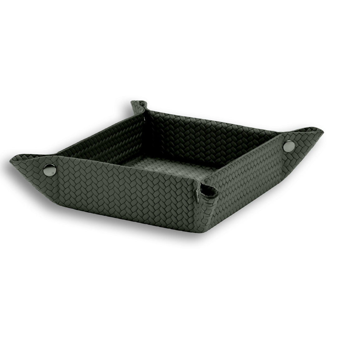The 32 x 17.5 cm valet tray whole, all four leather corners snapped up around the woven floor