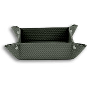 Dark olive khaki valet tray 32 × 17.5 cm, four press studs drawing the woven leather corners up