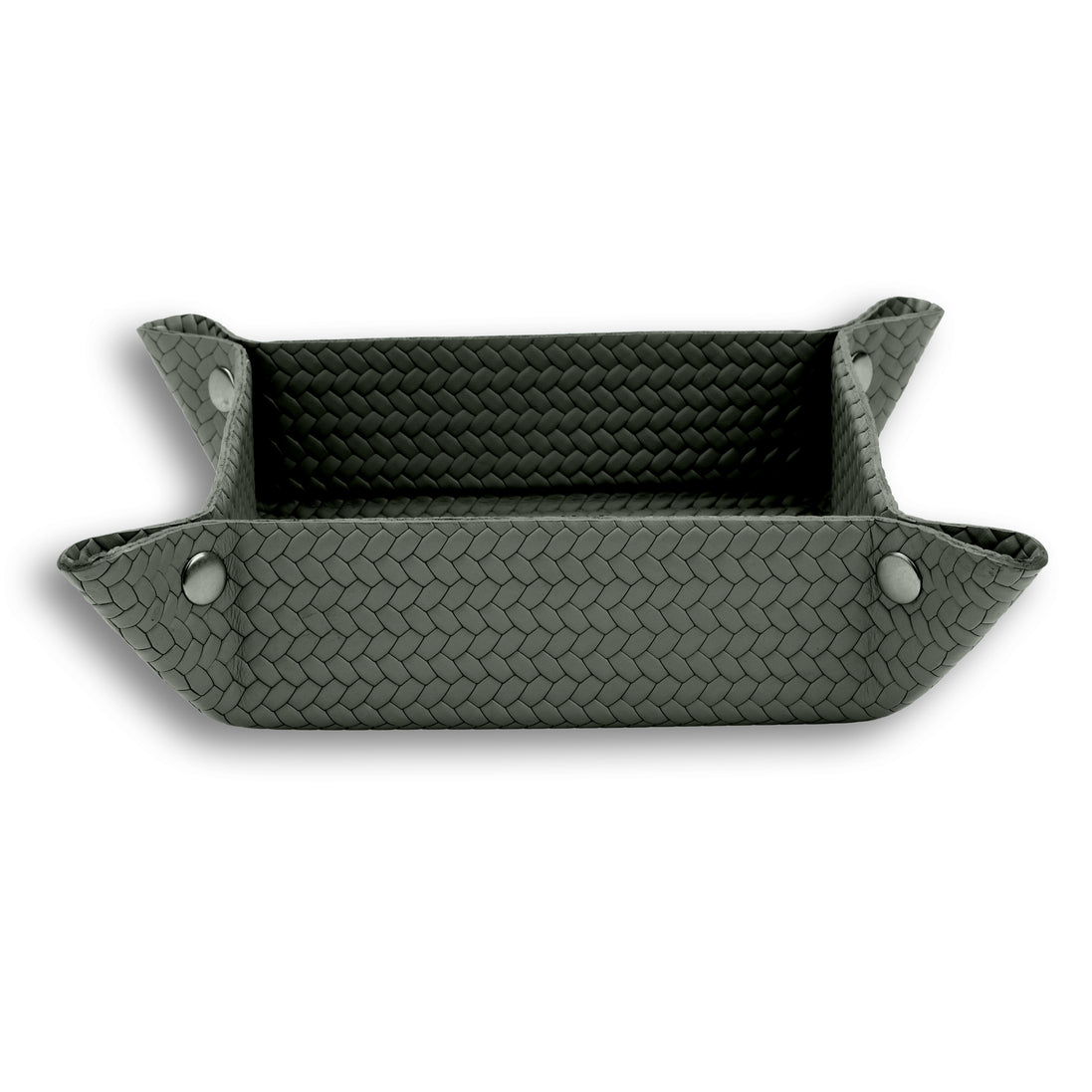 Dark olive khaki valet tray 32 × 17.5 cm, four press studs drawing the woven leather corners up