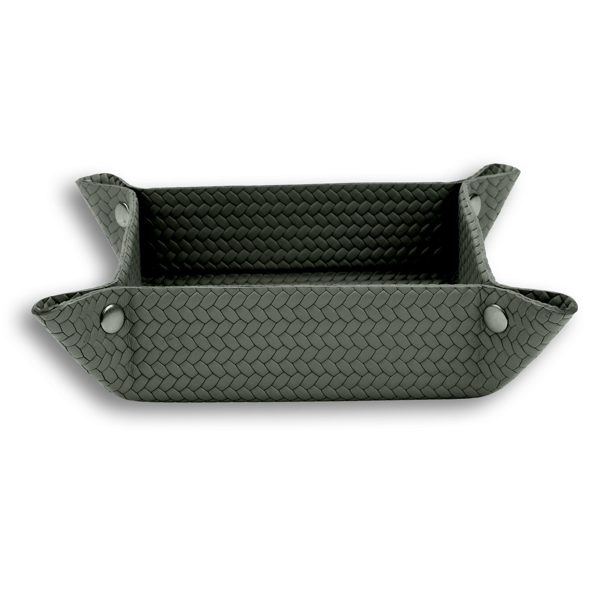 Dark olive khaki valet tray 32 × 17.5 cm, four press studs drawing the woven leather corners up