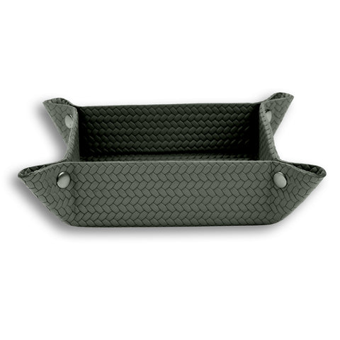 Dark olive khaki valet tray 32 × 17.5 cm, four press studs drawing the woven leather corners up