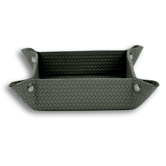Dark olive khaki valet tray 32 × 17.5 cm, four press studs drawing the woven leather corners up