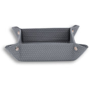 Grey tray seen level, the weave finer on the 32 cm floor than on the raised ends