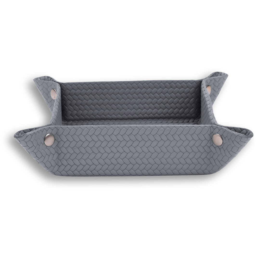 Grey tray seen level, the weave finer on the 32 cm floor than on the raised ends