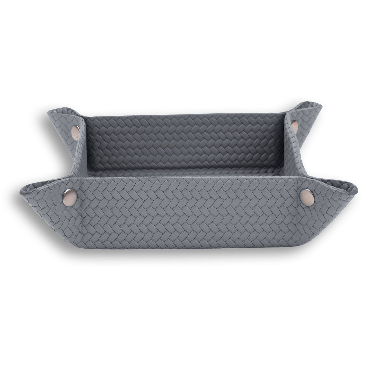 Grey tray seen level, the weave finer on the 32 cm floor than on the raised ends