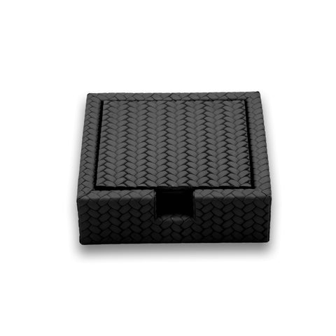 Six black 13 cm square coasters in their woven leather holder, a finger notch cut at the front